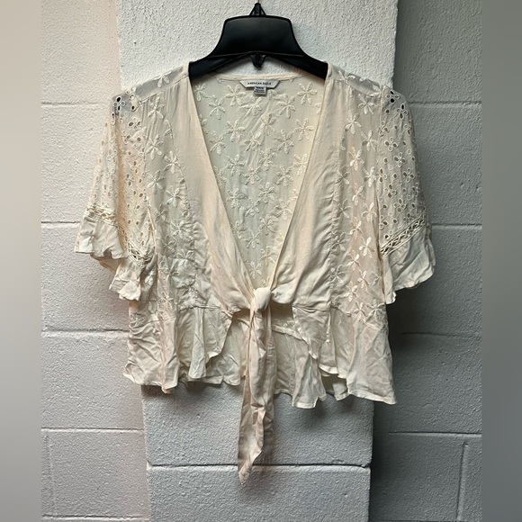 American Eagle Cream Embroidered Tie-Front Top - Picture 1 of 4